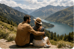 Travelers taking in a mountain landscape